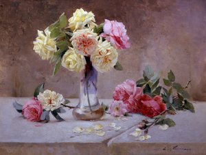 Stillleben mit rosa und gelben Rosen, Gemälde von Emile Vernon