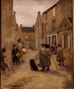 Kinder spielen mit Reifen auf einer Straße in Arromanches von Emily  Childers