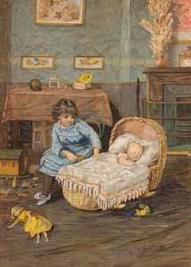 Mädchen, das über ein Baby in einer Wiege wacht (Chromolithografie) von Emily Jane Harding Andrews