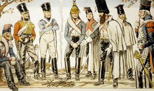 Französische Armee 1810 von links nach rechts: Leichter Lanzenreiter, Husarenreiter, Dragoner