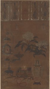 Stillleben: Vase mit Pfingstrosen und Krimskrams, Ming-Dynastie von Emperor Huizong