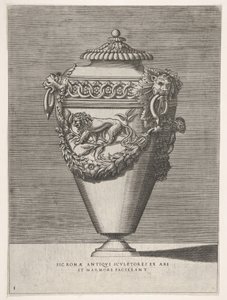 Antike Deckelurne mit einem Motiv aus Diamantringen und Löwen, aus Vasen ..., 1543 oder später von Enea Vico