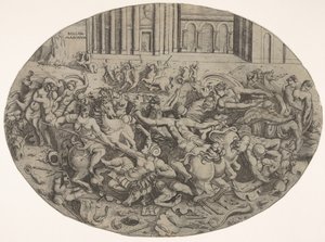 Kampf zwischen Amazonen und Männern vor architektonischen Arkaden, eine ovale Komposition (1543)