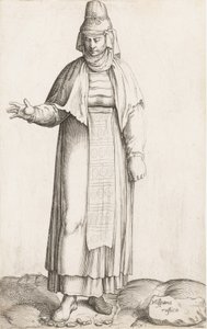 Kostümplatte: Hispana Rustica mit Etikett auf Felsen, ca. 1557-58