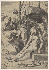 Begräbnis Christi, dessen Brust von Joseph von Arimathäa ergriffen wird, mit zwei knienden Figuren, 1543 von Enea Vico