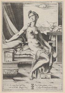 Lucretia nackt und vor einem Fenster sitzend, ein Dolch in ihrer rechten Hand von Enea Vico