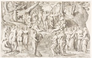 Der Streit zwischen den Musen und den Töchtern des Pierios auf dem Parnass von Enea Vico