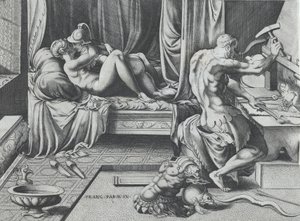 Venus und Mars umarmen sich, während Vulkan an seiner Schmiede arbeitet, 1543 von Enea Vico