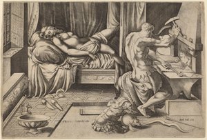 Venus liegend mit Vulkan an seiner Schmiede von Enea Vico after Parmigianino