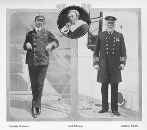 Arthur Henry Rostron, Kapitän der RMS Carpathia, die Titanic-Überlebende rettete (links), Lord Mersey, der die Titanic-Untersuchungskommission leitete (Mitte) und Edward John Smith, Kapitän der Titanic (links)