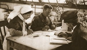 Australier und Wehrpflicht: Wie die australische Abstimmung in einem Londoner Krankenhaus durchgeführt wird, Illustration aus The Illustrated War News, 25. Oktober 1916