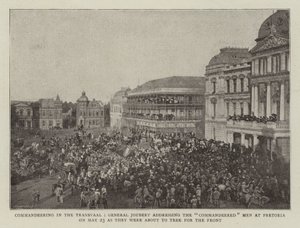 Beschlagnahmung im Transvaal, General Joubert spricht zu den beschlagnahmten Männern in Pretoria am 23. Mai, bevor sie an die Front ziehen von English Photographer