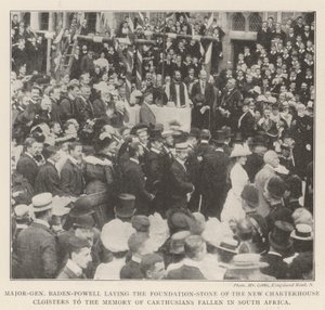 Generalmajor Baden-Powell legt den Grundstein für die neuen Charterhouse-Kreuzgänge zum Gedenken an die in Südafrika gefallenen Kartäuser