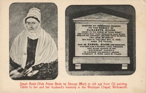 Porträt und Grabstein von George Elliots Tante (Elizabeth Evans), die Inspiration für Charaktere in ihrem Roman Adam Bede