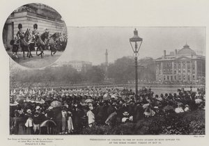 Übergabe der Farben an die 3. Scots Guards durch König Edward VII. bei der Horse Guards Parade am 24. Mai von English Photographer