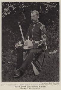 Private Hayhurst, 13. Bataillon der Canadian Rifles, Hamilton, Ontario, Gewinner des Queens Prize in Bisley, mit Medaille, Abzeichen und Scheck