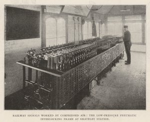 Eisenbahnsignale, die mit Druckluft betrieben werden, der Niederdruck-Pneumatik-Verschlussrahmen am Bahnhof Grateley
