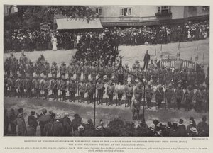 Empfang des Dienstkorps der 2. East Surrey Volunteers aus Südafrika in Kingston-on-Thames, der Bürgermeister begrüßt die Männer am Krönungsstein von English Photographer