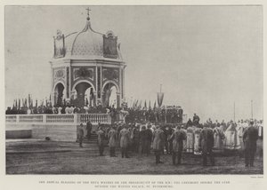 Der jährliche Segen der Neva-Wasser beim Aufbrechen des Eises, die Zeremonie vor dem Zaren außerhalb des Winterpalastes, St. Petersburg
