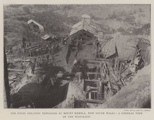 Die tödliche Grubenexplosion in Mount Kembla, New South Wales, eine allgemeine Ansicht der Trümmer von English Photographer