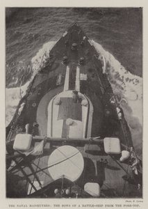 Die Marine-Manöver, die Bugansicht eines Schlachtschiffs vom Vordertop von English Photographer