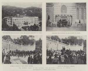 Der Besuch der Königin an der Riviera, Ihre Majestät bei der Ankunft in Cimiez von English Photographer