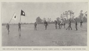 Die Lage auf den Philippinen, amerikanisches Signal Corps verlegt eine Telegrafenleitung unter Beschuss von English Photographer