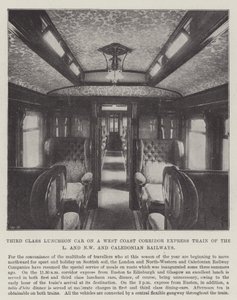 Dritte Klasse Speisewagen in einem Westküsten-Korridor-Expresszug der L und NW und Caledonian Railways von English Photographer
