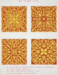 Fliesendesigns aus dem 13. Jahrhundert, Illustration aus Specimens of Tile Pavements, gezeichnet von bestehenden Autoritäten, von Henry Shaw, 1858 von English School