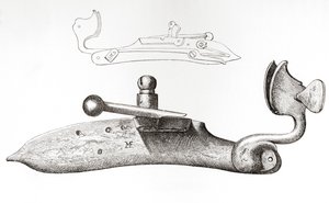 17. Jahrhundert Luntenschloss. Mechanismus oder Schloss zum Abfeuern einer Handfeuerwaffe, aus Die britische Armee: Ihre Ursprünge, Fortschritte und Ausrüstung, veröffentlicht 1868. von English School