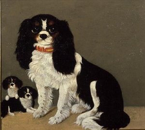 Ein Cavalier King Charles Spaniel mit Welpen von English School