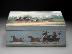 Eine Zigarrenkiste bemalt mit Szenen aus Taglioni-Drucken, ca. 1840