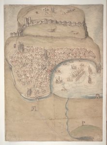 Ein farbiger Plan oder Vogelperspektive von Scarborough Town und Castle