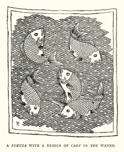 Ein Fukusa mit einem Karpfenmuster in den Wellen (Lithografie)