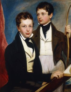 Eine Gruppenporträt der Musgrave Morris Jungen, einer sitzt halblang in einer dunklen Jacke und hält ein Buch, der andere steht dreiviertellang in einer dunklen Jacke und hält einen Bogen, um 1830 von English School