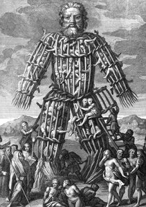 Ein riesiger Koloss aus Weidenzweigen, in dem Menschen zu Ehren der Götter lebendig verbrannt wurden, graviert von Cornelis Huyberts, Illustration zu Caesars Commentaries, ins Englische übersetzt von William Duncan