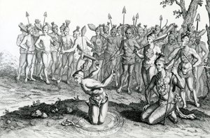 Ein König von Florida konsultiert seinen Magier vor dem Kampf, Illustration aus Moores Reisen und Reisen, 1778 von English School