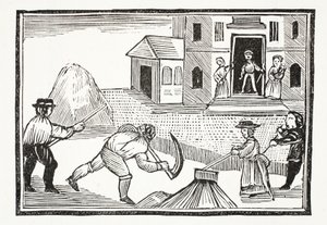 Ein Mann mäht Gras mit einer Sense, die alles vor sich nahm, Illustration aus Chap-books des achtzehnten Jahrhunderts von John Ashton, veröffentlicht 1882 von English School