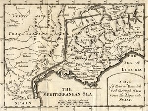 Karte der Route, die Hannibal durch Gallien und über die Alpen nach Italien nahm