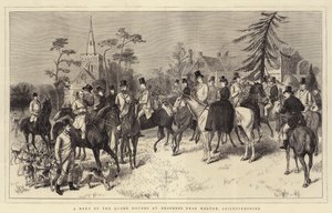 Ein Treffen der Quorn-Hunde bei Brooksby, in der Nähe von Melton, Leicestershire (Stich) von English School