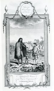 Eine patagonische Frau und ein Junge in Begleitung von Commodore Byron, Illustration aus Moores Reisen und Reisen, 1778 von English School