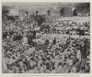Friedensschluss zwischen der hinduistischen und mohammedanischen Bevölkerung von Patan, in der Provinz Kathiawar, Indien (Gravur) von English School