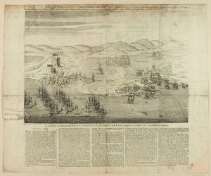 Eine perspektivische Zeichnung der Stadt, des Hafens und der Festungen von Cartagena im Jahr 1739, veröffentlicht 1741 (Kupferstich) von English School