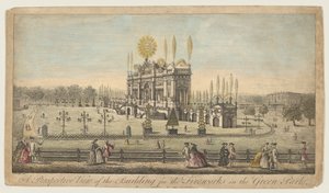 Perspektivische Ansicht des Gebäudes für das Feuerwerk im Green Park, London von English School