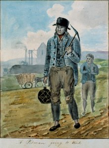 Ein Bergmann geht zur Arbeit (Aquarell auf Papier) von English School