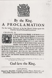 Eine Proklamation des Königs zur weiteren Entdeckung des kürzlich gegen seine Majestät und die Regierung gerichteten abscheulichen Plans, 27. November 1678 von English School