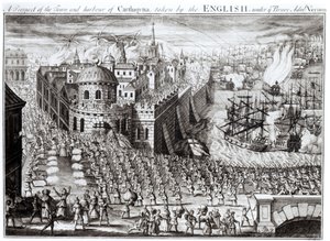 Eine Aussicht auf die Stadt und den Hafen von Cartagena, erobert von den Engländern unter dem tapferen Admiral Vernon, 1741
