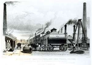Eine Dampfmaschinenfabrik und Eisenwerke in Bolton, von Harwood, graviert von Watkins von English School