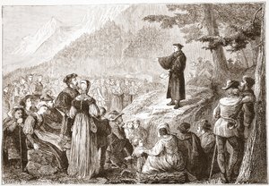 Ein Schweizer Reformator predigt seiner Herde im Freien, Illustration aus Die Geschichte des Protestantismus von James Aitken Wylie, veröffentlicht 1878 von English School