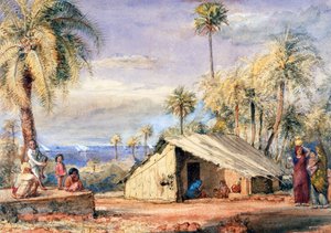 Eine Toddy-Ziehhütte in einem Hain von Dattelpalmen, Bombay Präsidentschaft, Indien